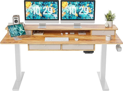 FEZIBO Sturdy Height Adjustable Electric Standing Desk with Drawers, 63 x 24 Inch Stand Up Table with Large Storage Shelf, Sit Stand Desk, Light Rustic Brown Top - LeafyLoom