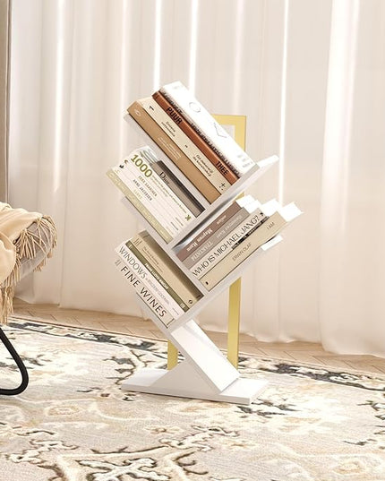 Yusong Tree Bookshelf, 5-Tier Small Bookcase with Metal Frame, Geometric Floor Standing Books Shelves Wooden Shelf for Office Desk Bedroom Tabletop Living Room White - LeafyLoom