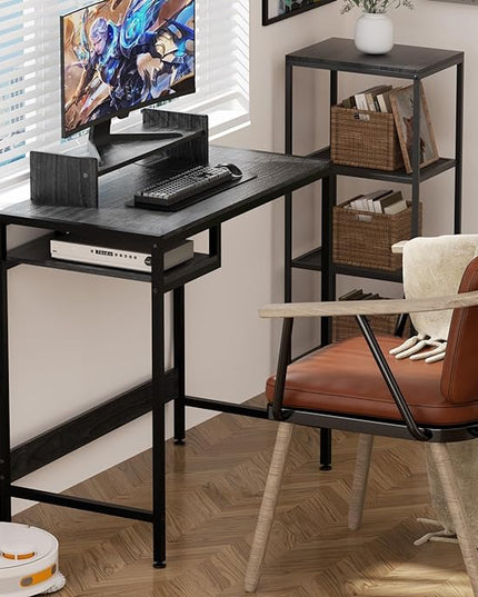 Computer Desk - 32 Inch Home Office Desk with Storage, Gaming Desk with Monitor Stand, Modern Simple Study Table, Adjustable Storage Space, Black - LeafyLoom