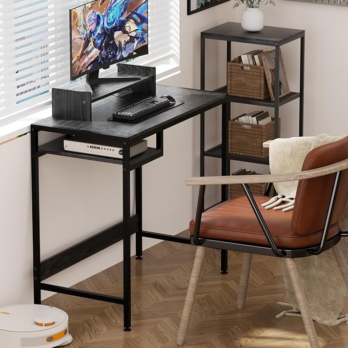 Computer Desk - 32 Inch Home Office Desk with Storage, Gaming Desk with Monitor Stand, Modern Simple Study Table, Adjustable Storage Space, Black - LeafyLoom