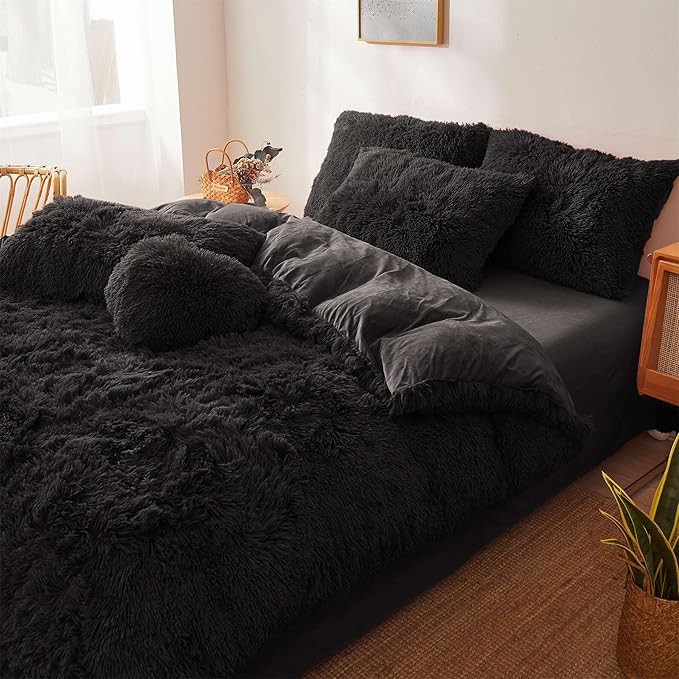 Fluffy black comforters Cover twin size - Ultra Soft Plush black bedding Sets 2 Pieces (1 faux fur comforter Cover + 1 fuzzy pillow case) girls shaggy black twin bed set (Black, Twin) - LeafyLoom