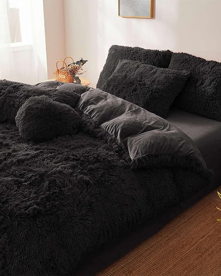 FOPPA Black fluffy Comforter Cover Set king- Ultra Soft fluffy Black Bedding Sets 3 Pieces (1 Duvet Cover + 2 Pillow case) pink fluffy bed set (Black, King) - LeafyLoom
