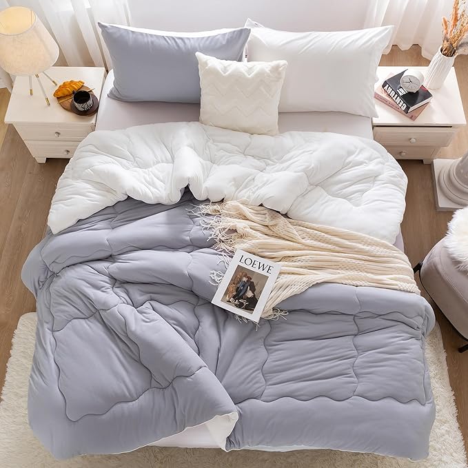 COTTEBED Ultra-Soft Reversible Warm Comforter Set Twin Sized, Winter Milk Cup Grey White Breathable Bedding Down Alternative Comforter for Boy Kids Girl School College Dorm Christmas, Twin/TwinXL - LeafyLoom