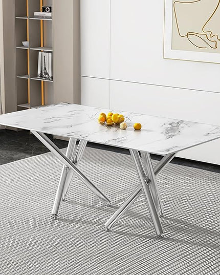 NicBex Large Modern Simple Rectangular Glass Dining Table for 6-8 People with 0.39-Inch White Imitation Marble Desktop and Silver Metal Legs for Banquet Hall, White Marble + Silver - LeafyLoom