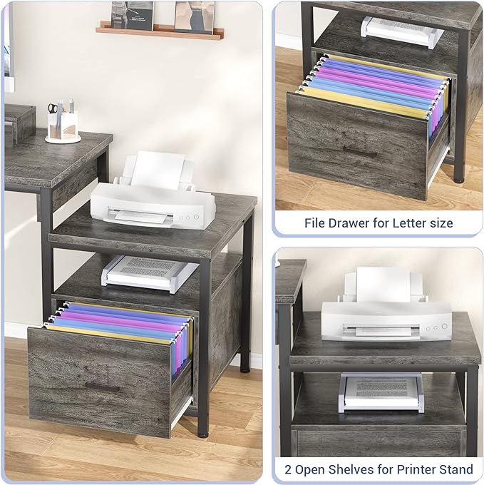 Aheaplus L Shaped Desk with Power Outlet, Standing Home Office Desk with Lift Top and File Drawer, 63'' Corner Computer Desk with Monitor Stand&Printer Shelves, Gaming Desk with Led Lights, Grey Oak - LeafyLoom