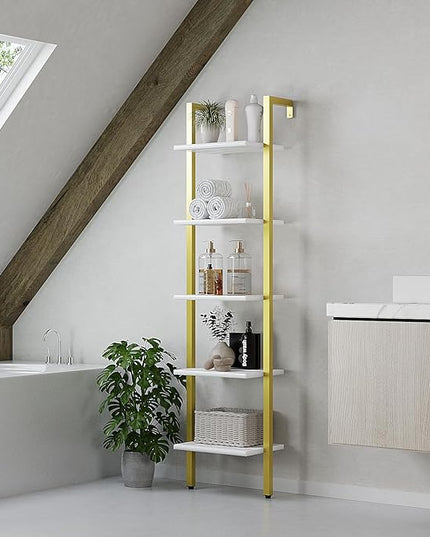 YMYNY 5 Tiers Ladder Bookcase, Industrial Wall Mounted Bookshelf, Open Display Rack with Metal Frame, Wooden Storage Shelves for Bedroom, Home Office, Living Room, White+Gold, 70*17.3*11.8"UHBC015W - LeafyLoom