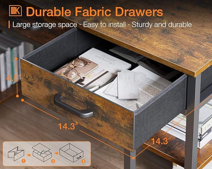 ODK Office Small Computer Desk: Home Table with Fabric Drawers & Storage Shelves, Modern Writing Desk, Vintage, 48"x16" - LeafyLoom