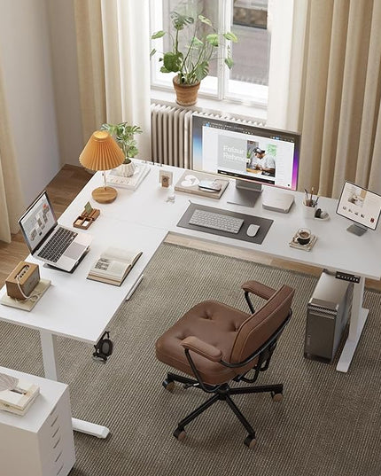 L Shaped Standing Desk Adjustable Height, Electric Corner Standing Desk, 63 x 55 inch Sit Stand Computer Table with Splice Board, White - LeafyLoom