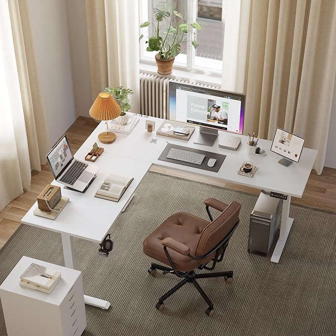 L Shaped Standing Desk Adjustable Height, Electric Corner Standing Desk, 63 x 55 inch Sit Stand Computer Table with Splice Board, White - LeafyLoom