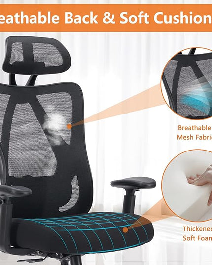Sweetcrispy Ergonomic Office Desk Computer Chair, High Back Comfy Swivel Home Gaming Mesh Chairs with Wheels, Adjustable Lumbar Support, Headrest, Liftable 2D Arms,135° Tilt for Bedroom, Study, Black - LeafyLoom