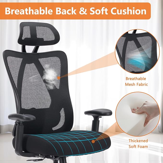 Sweetcrispy Ergonomic Office Desk Computer Chair, High Back Comfy Swivel Home Gaming Mesh Chairs with Wheels, Adjustable Lumbar Support, Headrest, Liftable 2D Arms,135° Tilt for Bedroom, Study, Black - LeafyLoom