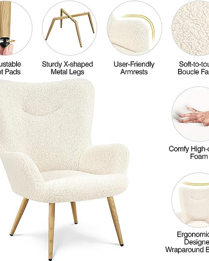 Yaheetech Boucle Vanity Chair, Modern Fluffy Accent Chair, Armchair with High Back and Wood-Tone Metal Legs, Downy Barrel Chair Soft Backrest for Living Room Bedroom Home Office, Ivory - LeafyLoom