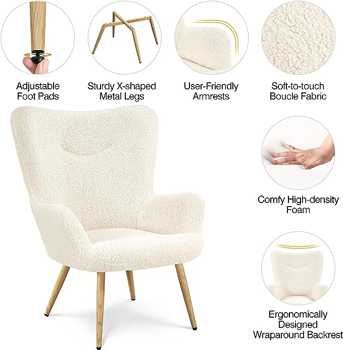 Yaheetech Boucle Vanity Chair, Modern Fluffy Accent Chair, Armchair with High Back and Wood-Tone Metal Legs, Downy Barrel Chair Soft Backrest for Living Room Bedroom Home Office, Ivory - LeafyLoom