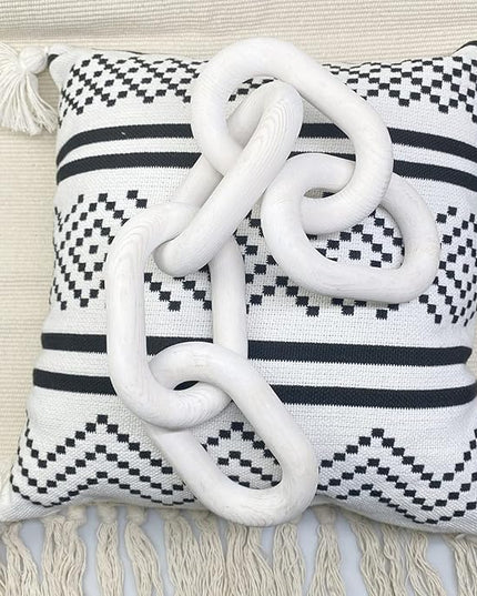 Wood Chain Link Decor | Hand Boho Carved Decor for Table, Shelf Decor Accents Rustic Farmhouse Aesthetic 5 Link Chain Knot Decor Home Living Room, Bedroom, Entryway Coffee Table Decor (White) - LeafyLoom