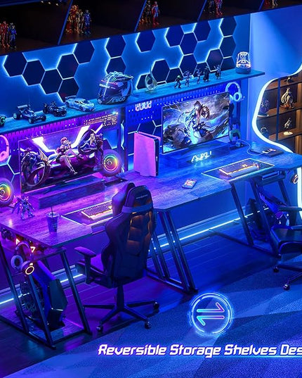 armocity Gaming Computer Desk with Storage Shelves & Z-Shaped Legs, Gaming Desk with Hutch and LED Lights, Reversible PC Gaming Desk with Pegboard for Bedroom & Small Spaces, 47'', Grey Oak - LeafyLoom