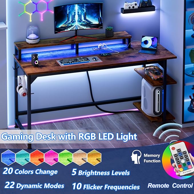 Furologee Computer Desk with Charging Station and LED Lights, 55" Office Gaming Desk with Adjustable Shelves and Fabric Drawer, Study Table with Monitor Stand and Hooks, Rustic Brown - LeafyLoom