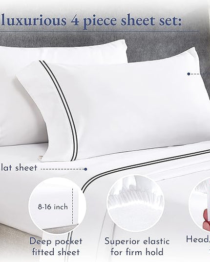 California Design Den Luxury King Size Sheet Set - 100% Cotton, 600 Thread Count Deep Pocket King Sheets, Hotel-Quality Bedding with Sateen Weave - White Embroidered Grey - LeafyLoom