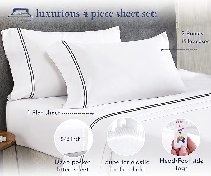 California Design Den Luxury King Size Sheet Set - 100% Cotton, 600 Thread Count Deep Pocket King Sheets, Hotel-Quality Bedding with Sateen Weave - White Embroidered Grey - LeafyLoom