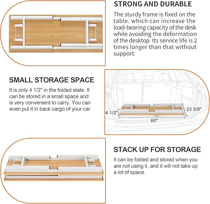Need Home Office Desk Large Computer Desk 60 inch Sturdy Table Foldable Desk Gaming Computer Table No Assembly Required, Teak&White Frame AC5BW(152.4 * 60) - LeafyLoom