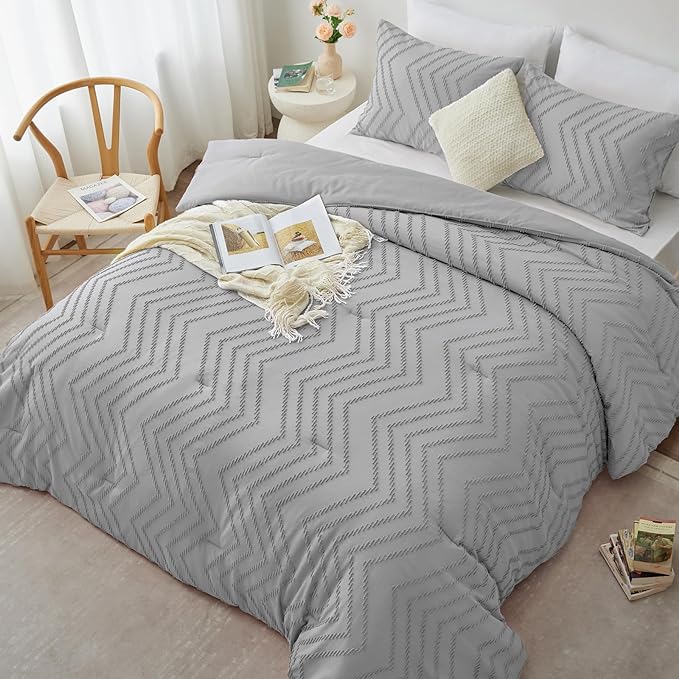 CozyLux Full Size Comforter Set Light Grey - 3 Pieces Boho Tufted Shabby Chic Bedding Comforter Set for All Seasons, Chevron Bedding Sets with Comforter & 2 Pillow Shams - LeafyLoom