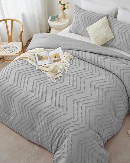 CozyLux King Size Comforter Set Light Grey - 3 Pieces Boho Tufted Shabby Chic Bedding Comforter Set for All Seasons, Chevron Bedding Sets with Comforter & 2 Pillow Shams - LeafyLoom