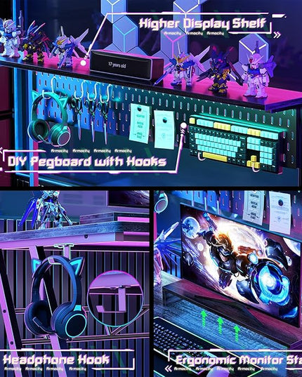 armocity Gaming Computer Desk with Storage Shelves & Z-Shaped Legs, Gaming Desk with Hutch and LED Lights, Reversible PC Gaming Desk with Pegboard for Bedroom & Small Spaces, 47'', Grey Oak - LeafyLoom