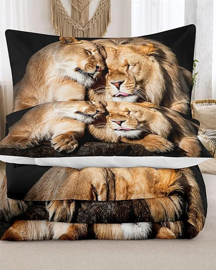 Bodhi Lover Couple Lion Comforter Set King Soft Microfiber Lion Bedding Set King Size Animal Comforter Set with Pillowcases,1 Comforter+2 Pillow Shams #4004 - LeafyLoom
