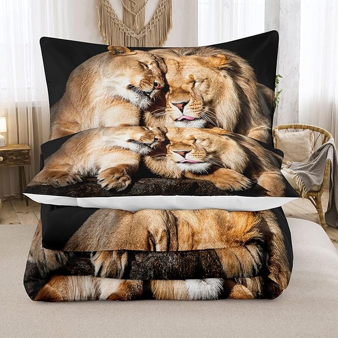 Bodhi Lover Couple Lion Comforter Set King Soft Microfiber Lion Bedding Set King Size Animal Comforter Set with Pillowcases,1 Comforter+2 Pillow Shams #4004 - LeafyLoom