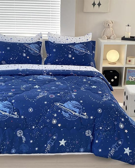 7 Piece Boys Space Comforter Set Twin Size Bed in A Bag Star Rocket Galaxy Universe Planets Bedding Set for Kids Teens Girls Microfiber Blue Quilt All Season - LeafyLoom