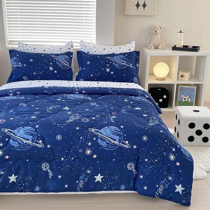 7 Piece Boys Space Comforter Set Full Size Bed in A Bag Star Rocket Galaxy Universe Planets Bedding Set for Kids Teens Girls Microfiber Blue Quilt All Season - LeafyLoom