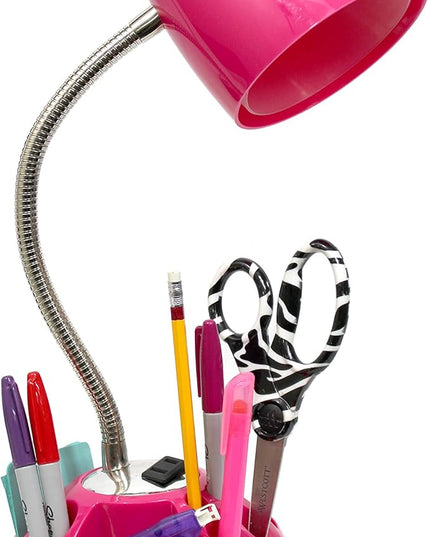 Simple Designs LD1015-PNK Flossy Organizer Desk Lamp with Charging Outlet and Lazy Susan Base, Pink - LeafyLoom