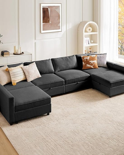 Sweetcrispy Convertible Sectional Sofa Couch, 6 Seat 8 Back Sofa Set with Storage for Living Room, L-Shaped Modern Modular Sofa Sleeper with Ottoman, Comfy Sofa Couch with Extra Deep Seats, Grey - LeafyLoom