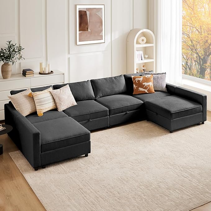 Sweetcrispy Convertible Sectional Sofa Couch, 6 Seat 8 Back Sofa Set with Storage for Living Room, L-Shaped Modern Modular Sofa Sleeper with Ottoman, Comfy Sofa Couch with Extra Deep Seats, Grey - LeafyLoom