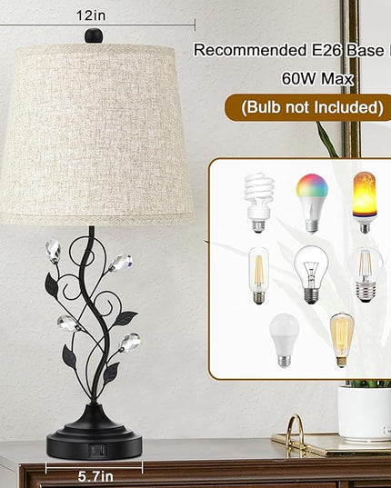 24.5in Farmhouse Table Lamps for Living Room Set of 2, Rustic Lamps for Bedroom with 2 USB Charging Ports, Traditional Bedside Lamps for Nightstand Retro Vine Leaf Lamps for End Table Reading - LeafyLoom