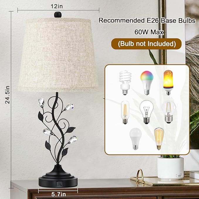 24.5in Farmhouse Table Lamps for Living Room Set of 2, Rustic Lamps for Bedroom with 2 USB Charging Ports, Traditional Bedside Lamps for Nightstand Retro Vine Leaf Lamps for End Table Reading - LeafyLoom