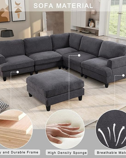 129.5" Modular Sectional Couch with Ottoman,6 Seat Chenille Corner Sofa with Seat Cushions Have a Built-in sSpring Pack,Multi-layered Plywood,for Living Room, Apartment, Bedroom, Office - LeafyLoom