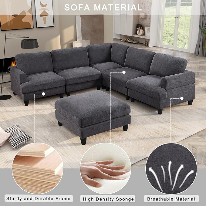 129.5" Modular Sectional Couch with Ottoman,6 Seat Chenille Corner Sofa with Seat Cushions Have a Built-in sSpring Pack,Multi-layered Plywood,for Living Room, Apartment, Bedroom, Office - LeafyLoom