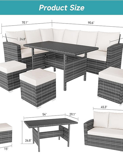 IDEALHOUSE 7 Pieces Outdoor Dining Set,Patio Sectional Sofa Conversation Set All Weather Wicker Rattan Couch Dining Table & Chair with Ottoman Beige - LeafyLoom