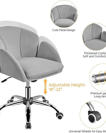 Yaheetech Cute Velvet Desk Chair for Home Office, Makeup Vanity Chair with Armrests for Bedroom Modern Swivel Rolling Chair for Women Light Gray - LeafyLoom