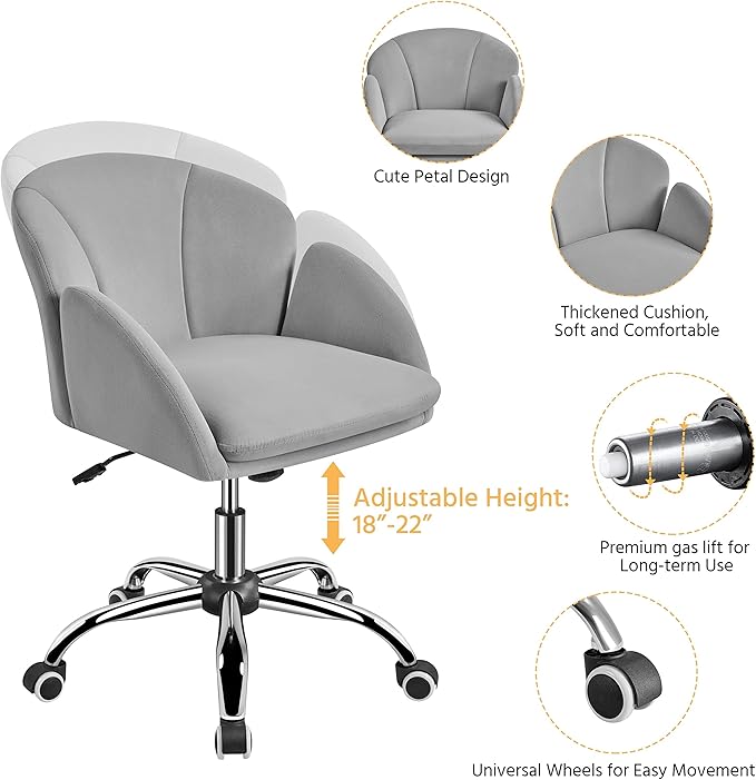 Yaheetech Cute Velvet Desk Chair for Home Office, Makeup Vanity Chair with Armrests for Bedroom Modern Swivel Rolling Chair for Women Light Gray - LeafyLoom