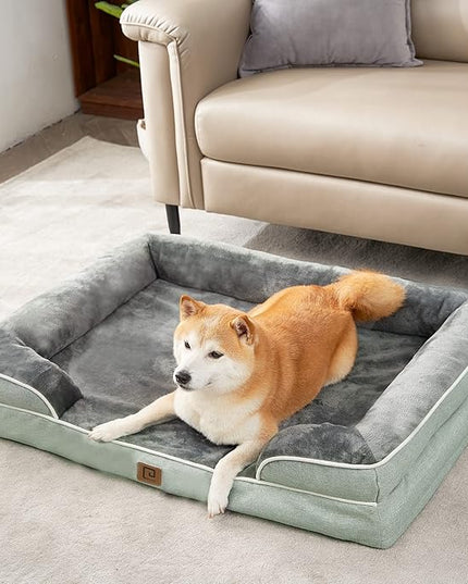 EHEYCIGA Orthopedic Dog Beds for Large Dogs, Waterproof Memory Foam Large Dog Bed with Sides, Non-Slip Bottom and Egg-Crate Foam Large Dog Couch Bed with Washable Removable Cover, Greyish Green EHEYCIGA