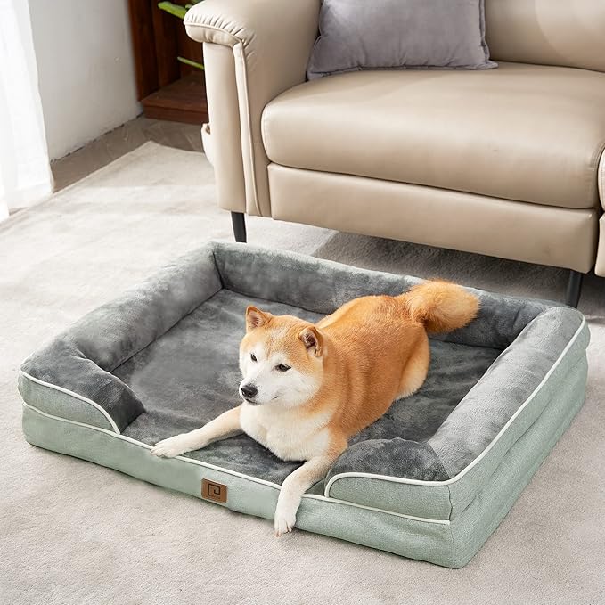 EHEYCIGA Orthopedic Dog Beds for Large Dogs, Waterproof Memory Foam Large Dog Bed with Sides, Non-Slip Bottom and Egg-Crate Foam Large Dog Couch Bed with Washable Removable Cover, Greyish Green EHEYCIGA