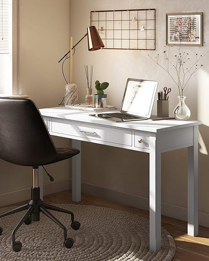 SIMPLIHOME Avalon SOLID WOOD Contemporary 47 Inch Wide Writing Desk in White, For the Office Desk, Writing Table, Workstation and Study Table - LeafyLoom