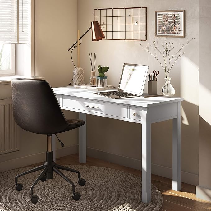 SIMPLIHOME Avalon SOLID WOOD Contemporary 47 Inch Wide Writing Desk in White, For the Office Desk, Writing Table, Workstation and Study Table - LeafyLoom