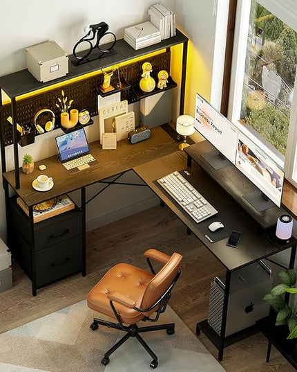 Yoobure L Shaped Desk with Pegboard, Reversible Gaming Desk with LED Lights & Power Outlets, Computer Desk with Drawers & Storage Shelves, Office Desk with Monitor Stand Corner Desk Home Office Desks - LeafyLoom