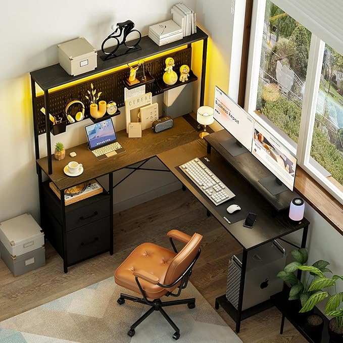 Yoobure L Shaped Desk with Pegboard, Reversible Gaming Desk with LED Lights & Power Outlets, Computer Desk with Drawers & Storage Shelves, Office Desk with Monitor Stand Corner Desk Home Office Desks - LeafyLoom