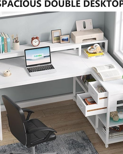 Reversible L-Shaped Computer Desk with hutch & Shelf,white - LeafyLoom