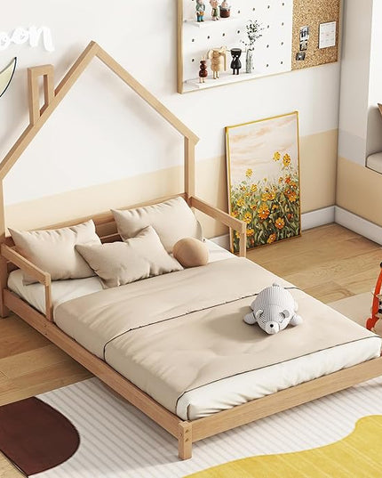 Full Size Bed Frame for Kids,House-Shaped Headboard Kids Bed,Girls Bed with Handrails,Low Platform Bed for Boys Girls,No Box Spring Needed(Natural) - LeafyLoom