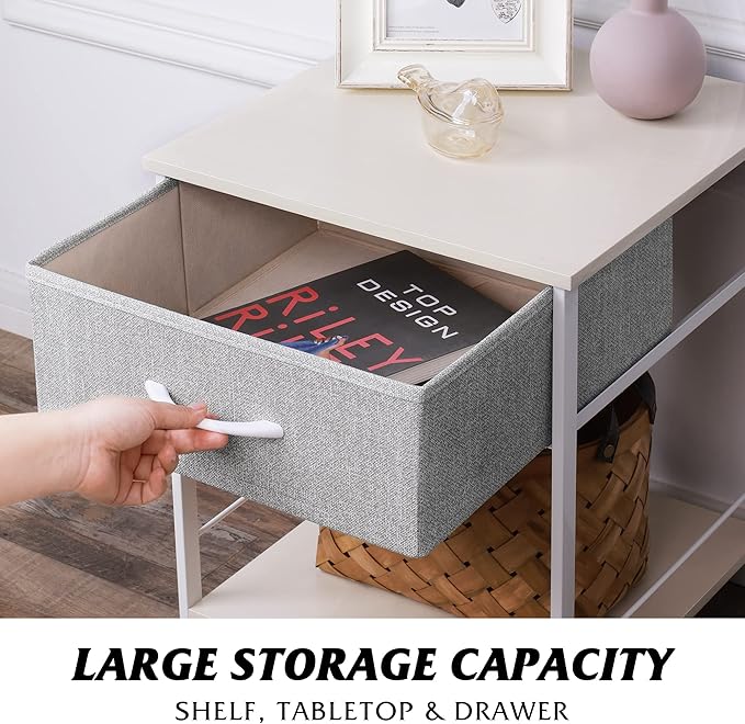 WLIVE Nightstand, End Table with Fabric Storage Drawer and Open Wood Shelf, Bedside Furniture with Steel Frame, Side Table for Bedroom, Dorm, Easy Assembly, Light Grey - LeafyLoom
