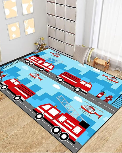 Car Rug Play Mat Car Rug Play Mat Car Rug for Boys Room Fire Fighting Truck Red Car Printed Rug Play Rug for Cars and Trucks Play Rugs for Kids Rooms,Light Blue 4'×5' - LeafyLoom